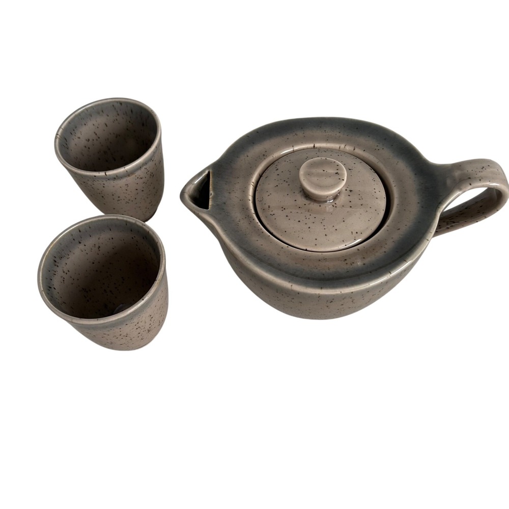 B.Smith Gray Ceramic Teapot with 2 Cups Set, Asian Tea Ceremony, Earthy Pottery
